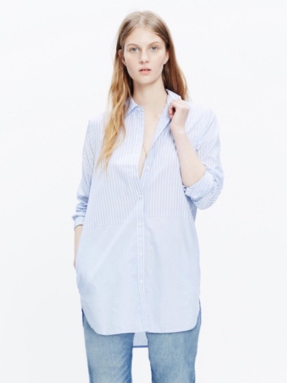 Madewell Button-Down Tunic Shirt Size Small Blue White Striped 100% Cotton C9819